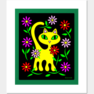 Yellow Kitty Cat with Flowers Posters and Art